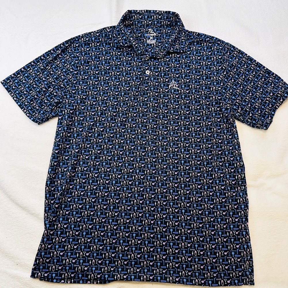 Rhoback Mens Performance Polo Shirt M Black Neon Bar Cocktail Print Golf Top - Picture 2 of 7
